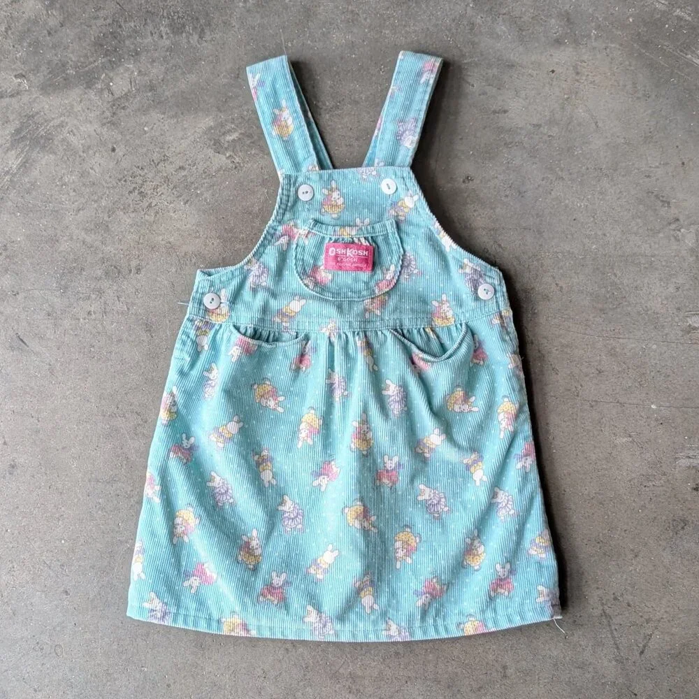 Vintage Oshkosh B'Gosh Teal Corduroy Bunny Rabbit Pattern Overall Dress size 4T